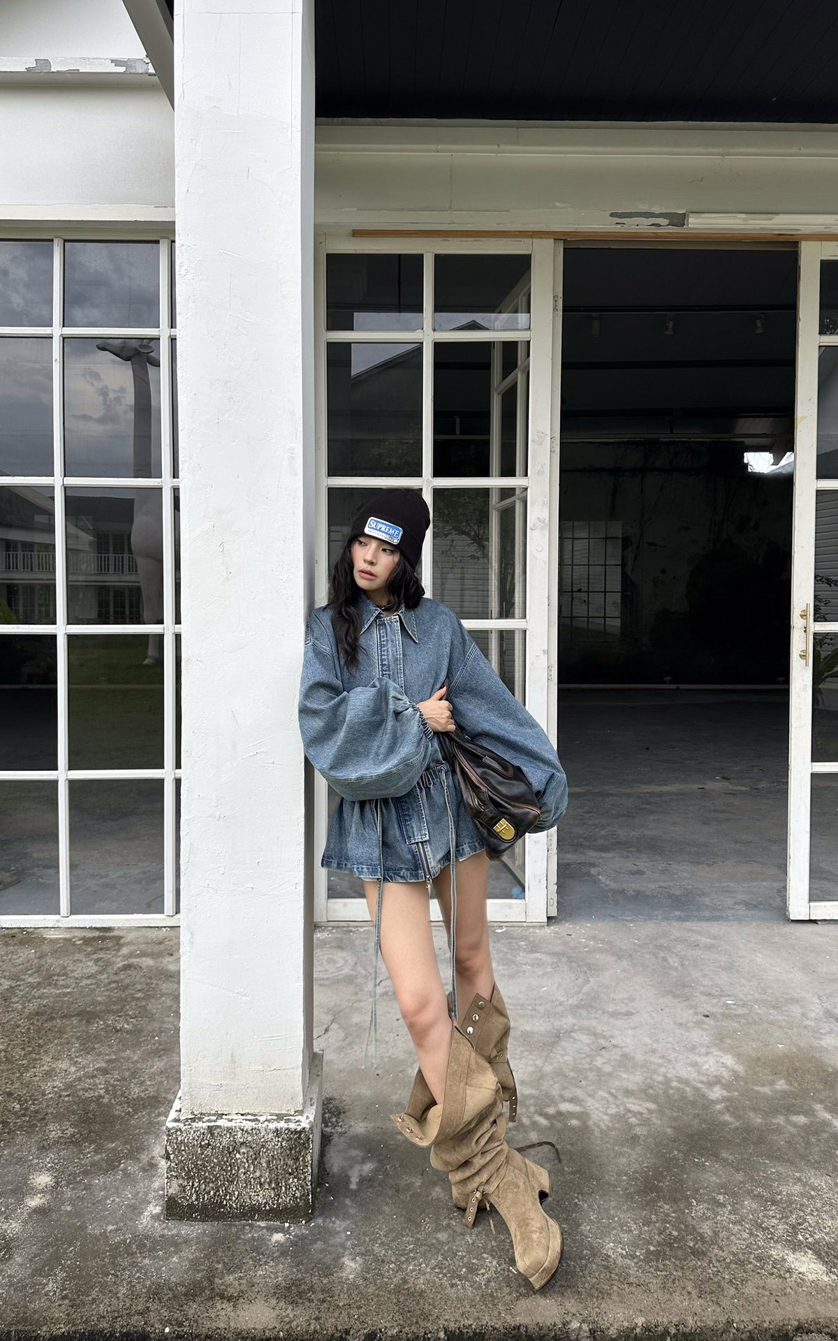 WARDEN EDGE Washed Denim Balloon-Sleeve Peplum Jacket