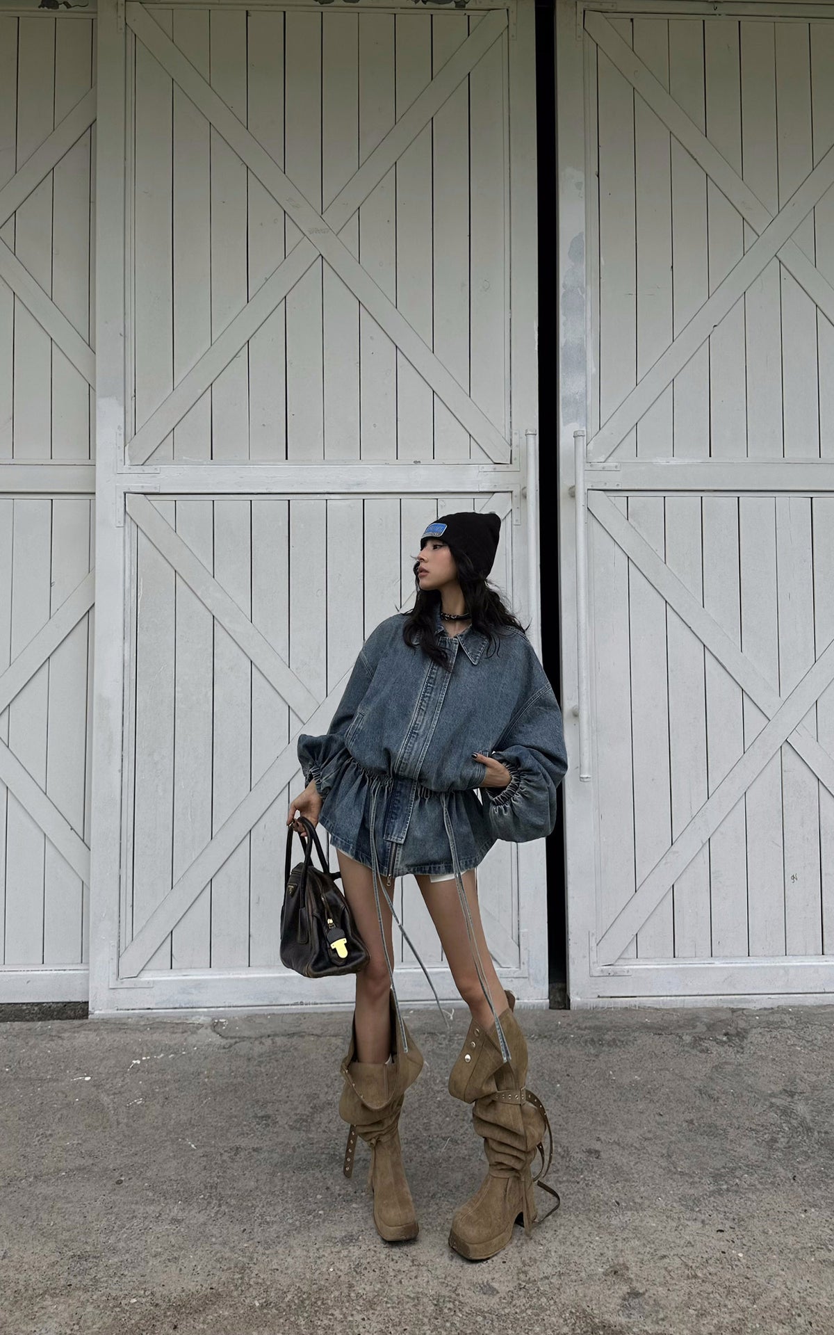 WARDEN EDGE Washed Denim Balloon-Sleeve Peplum Jacket