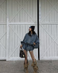 WARDEN EDGE Washed Denim Balloon-Sleeve Peplum Jacket