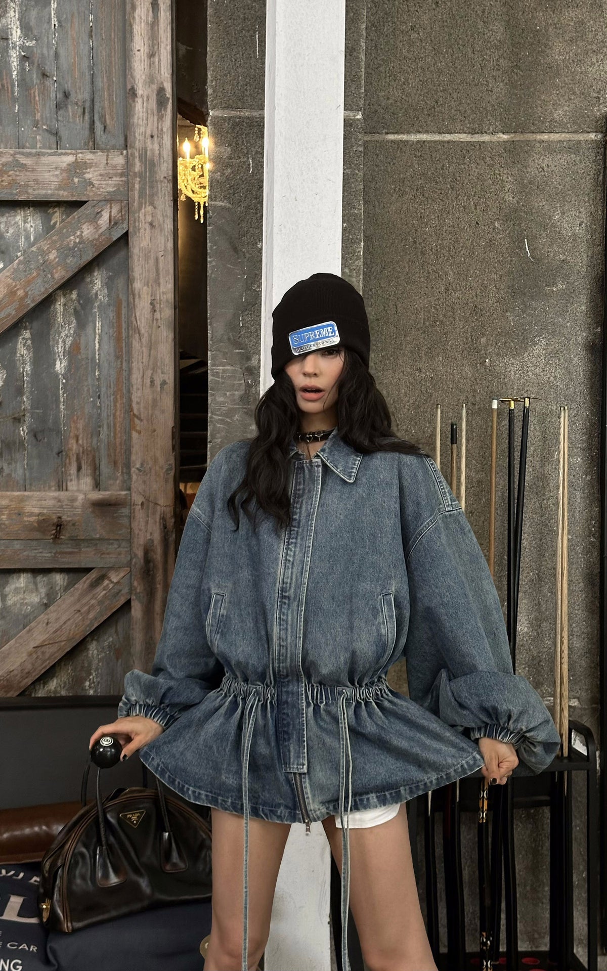 WARDEN EDGE Washed Denim Balloon-Sleeve Peplum Jacket