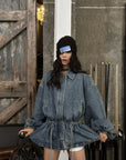 WARDEN EDGE Washed Denim Balloon-Sleeve Peplum Jacket