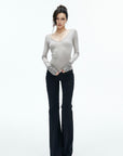 IAMXIAA Leopard Cuff Deep V-Neck Fitted Long Sleeve Top