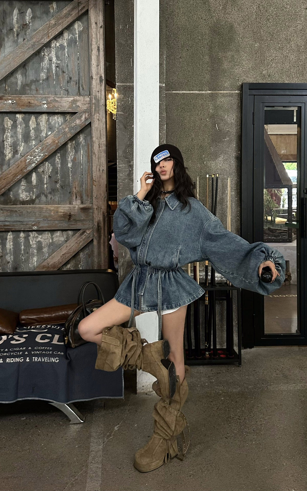 WARDEN EDGE Washed Denim Balloon-Sleeve Peplum Jacket