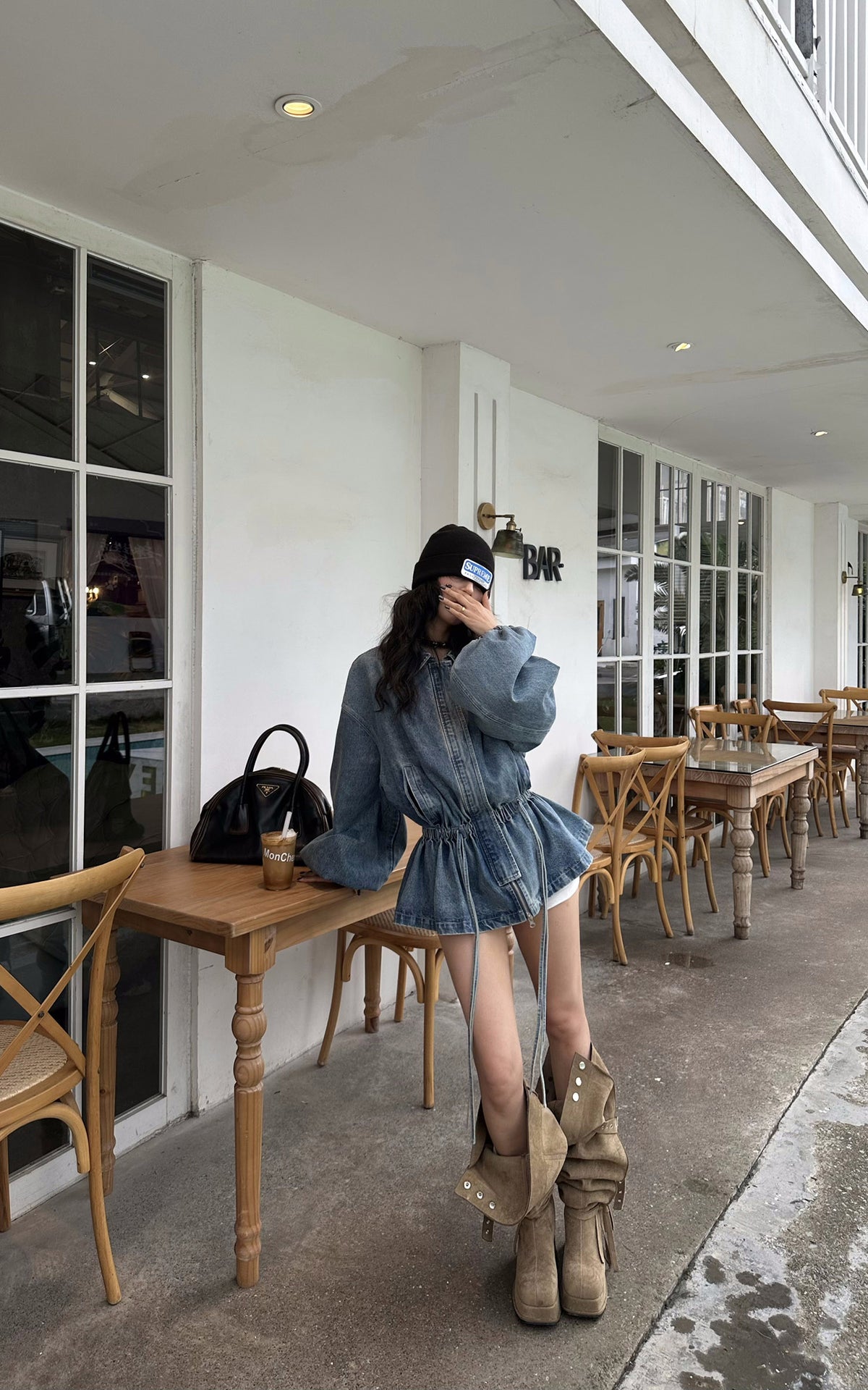 WARDEN EDGE Washed Denim Balloon-Sleeve Peplum Jacket