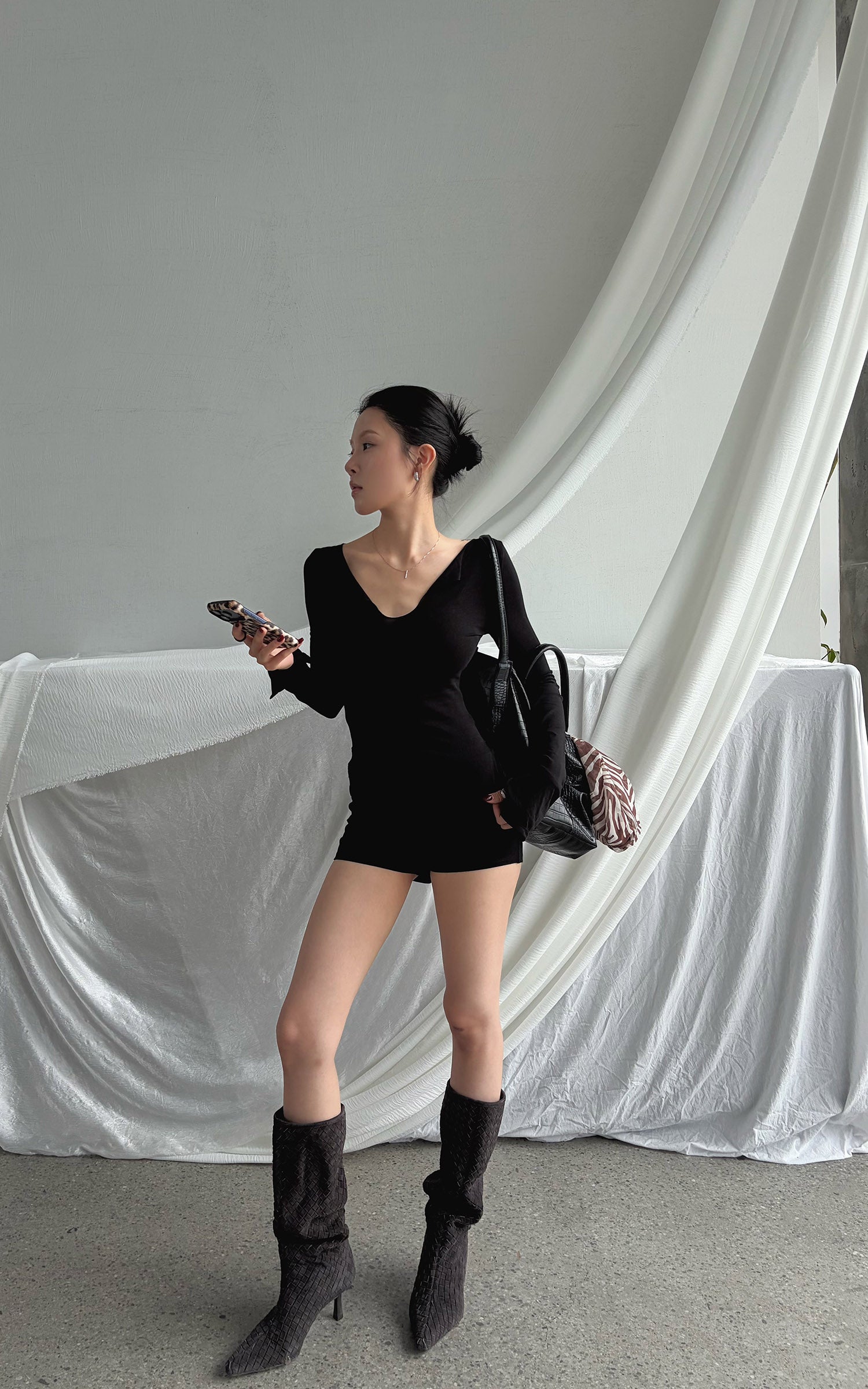 Hydrae Deconstructed Foldover Scoop-Neck Long-Sleeve Top