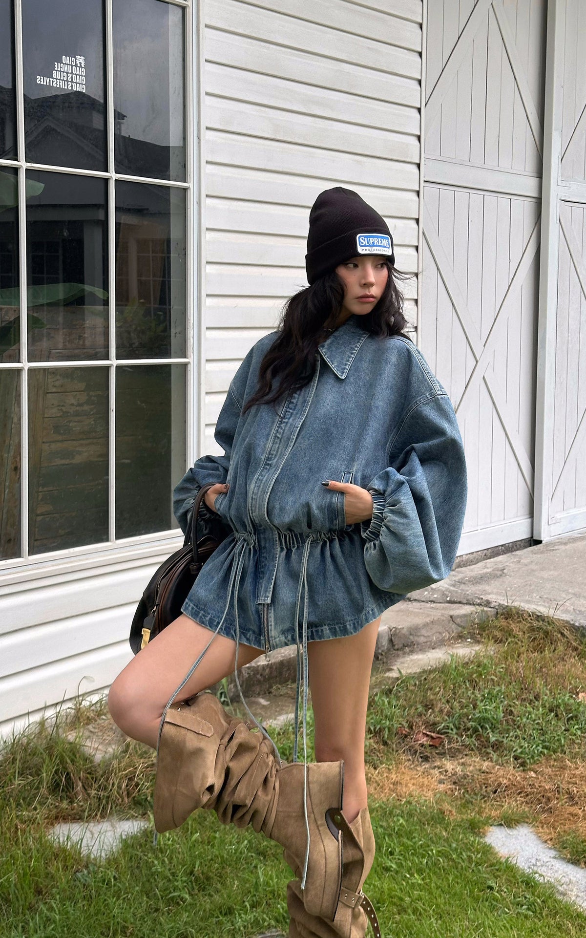 WARDEN EDGE Washed Denim Balloon-Sleeve Peplum Jacket