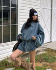 WARDEN EDGE Washed Denim Balloon-Sleeve Peplum Jacket