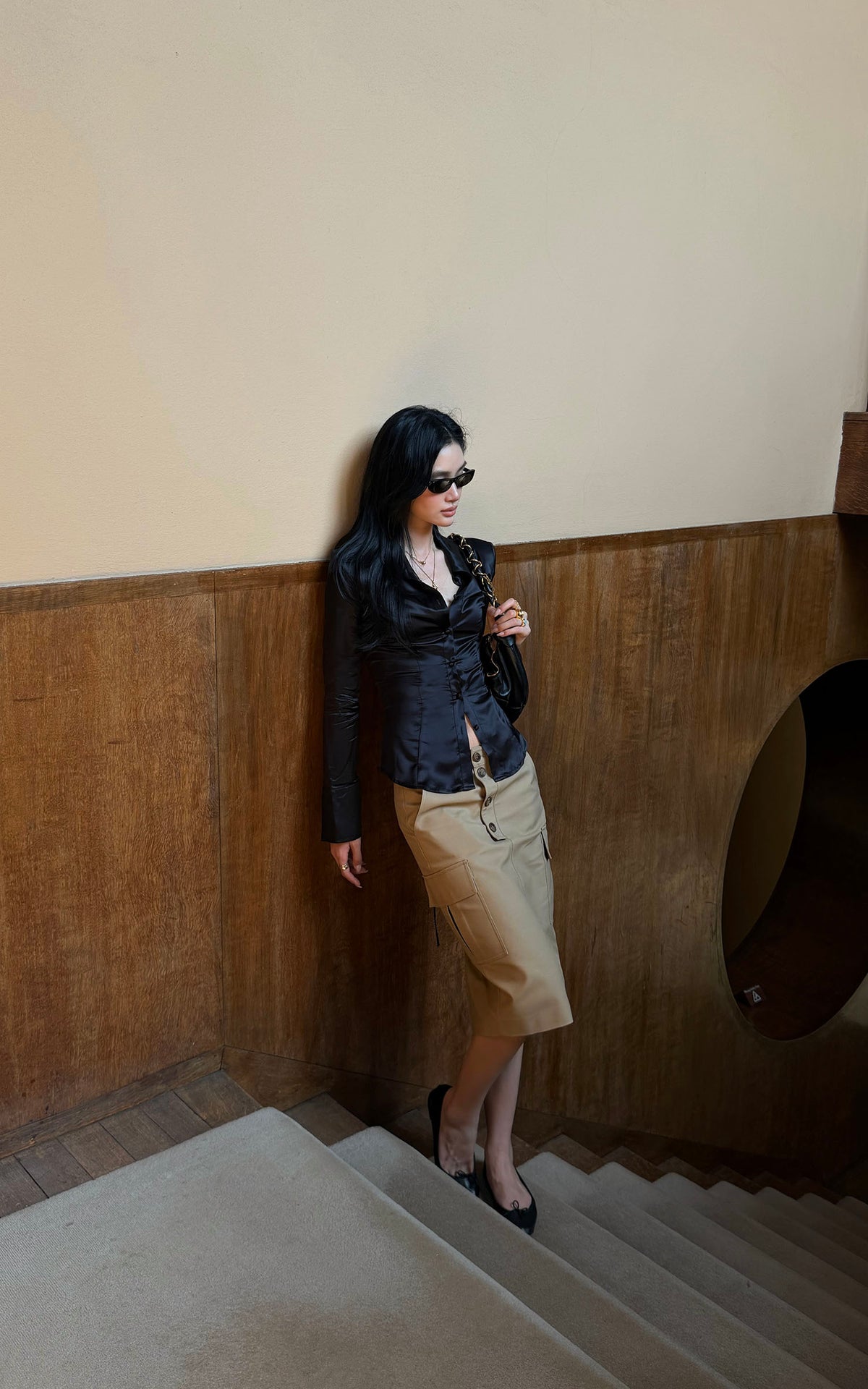 ROVENTE Coffee Brown Button-Front Cargo Midi Skirt