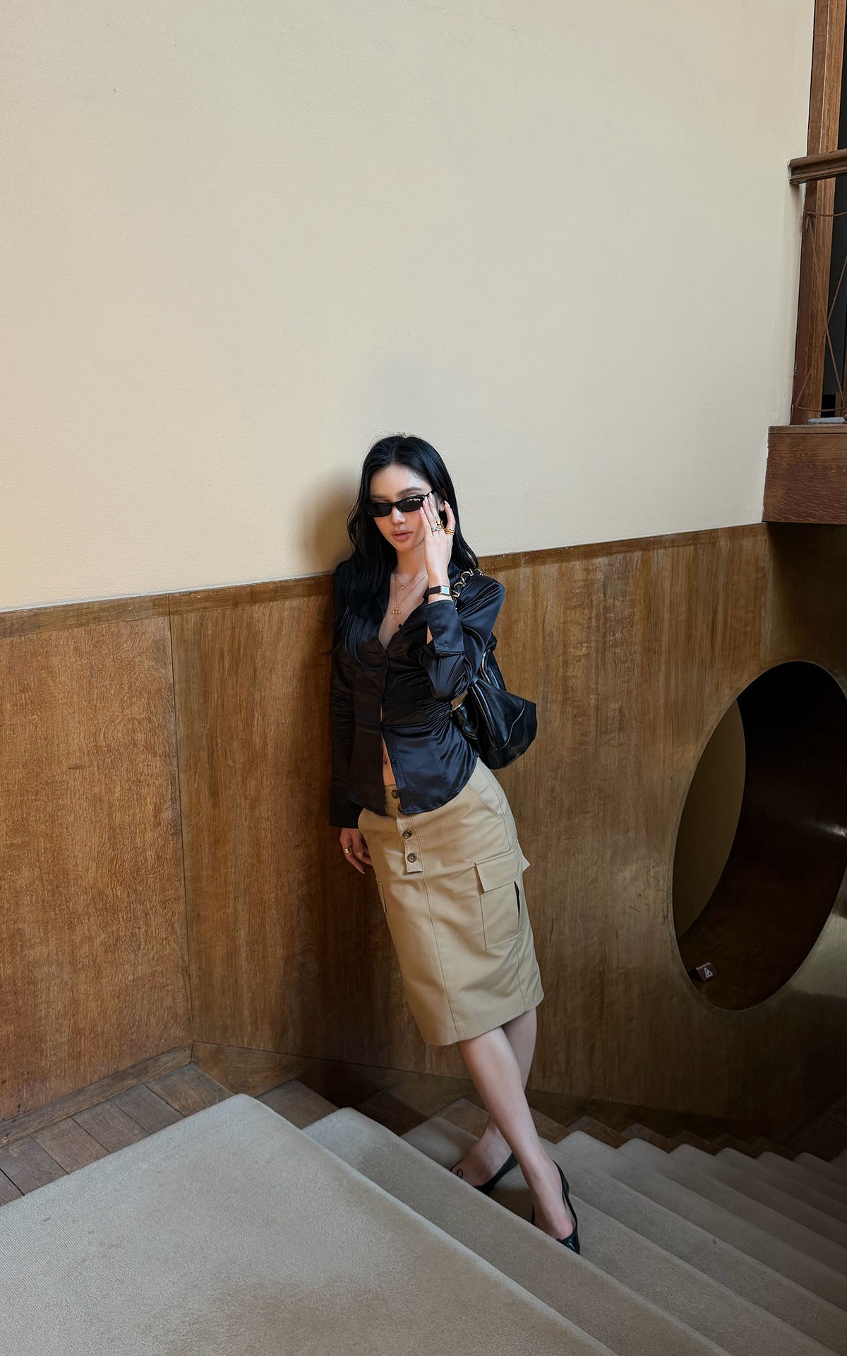 ROVENTE Coffee Brown Button-Front Cargo Midi Skirt