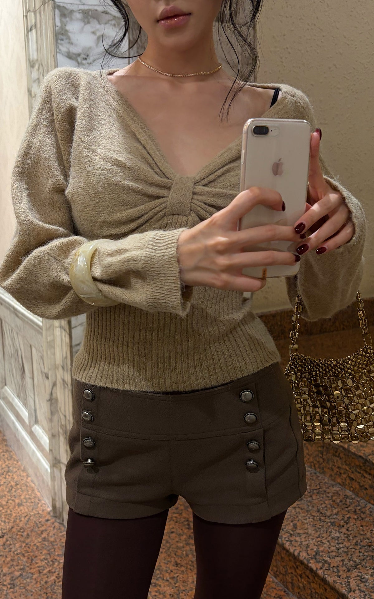 Hydrae Twist-Front Deep V-Neck Knit Top