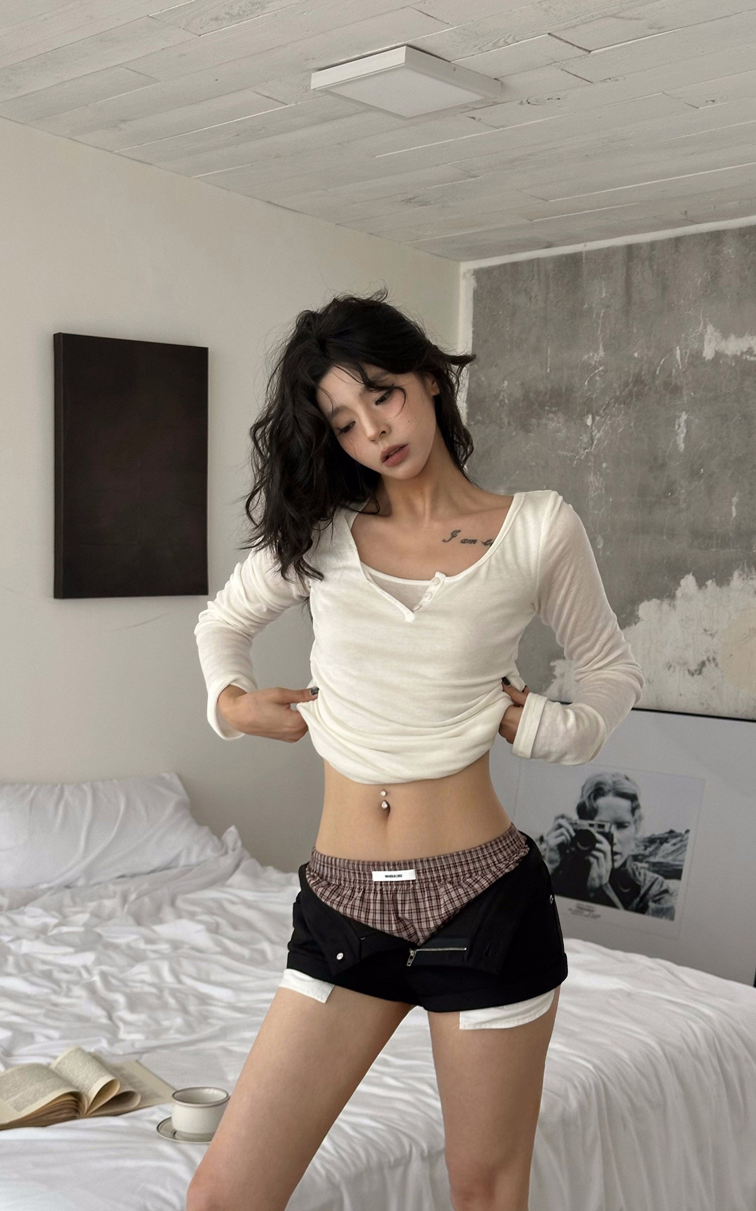WARDEN EDGE Layered Plaid Waist Micro Shorts