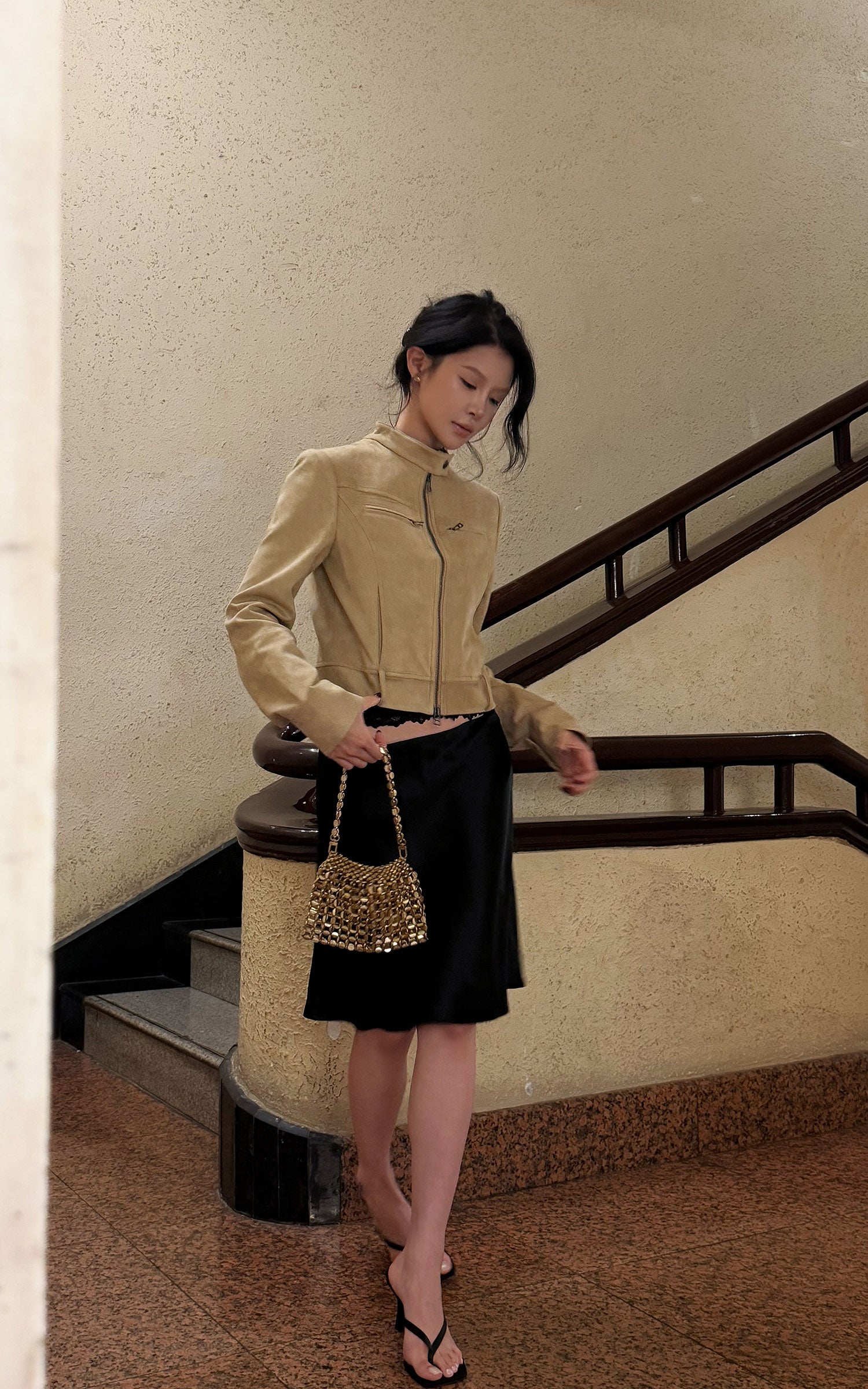 Hydrae Sand Suede Moto Cropped Jacket with Sculpted Paneling and Metal Zip Details