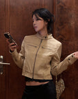 Hydrae Sand Suede Moto Cropped Jacket with Sculpted Paneling and Metal Zip Details