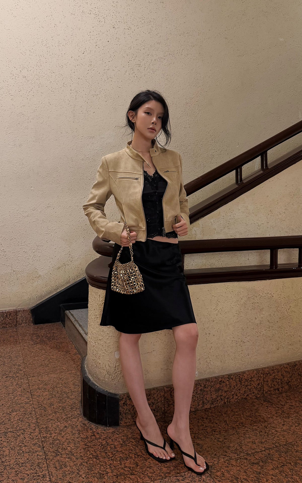 Hydrae Sand Suede Moto Cropped Jacket with Sculpted Paneling and Metal Zip Details