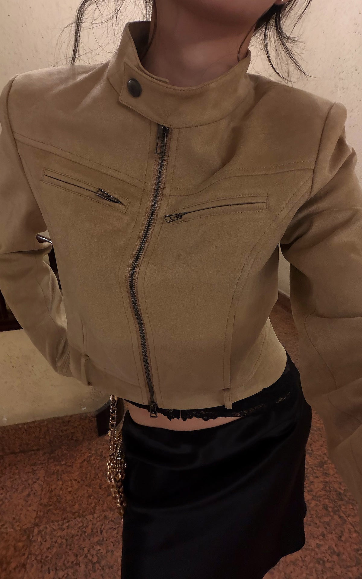 Hydrae Sand Suede Moto Cropped Jacket with Sculpted Paneling and Metal Zip Details