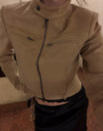Hydrae Sand Suede Moto Cropped Jacket with Sculpted Paneling and Metal Zip Details