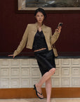 Hydrae Sand Suede Moto Cropped Jacket with Sculpted Paneling and Metal Zip Details