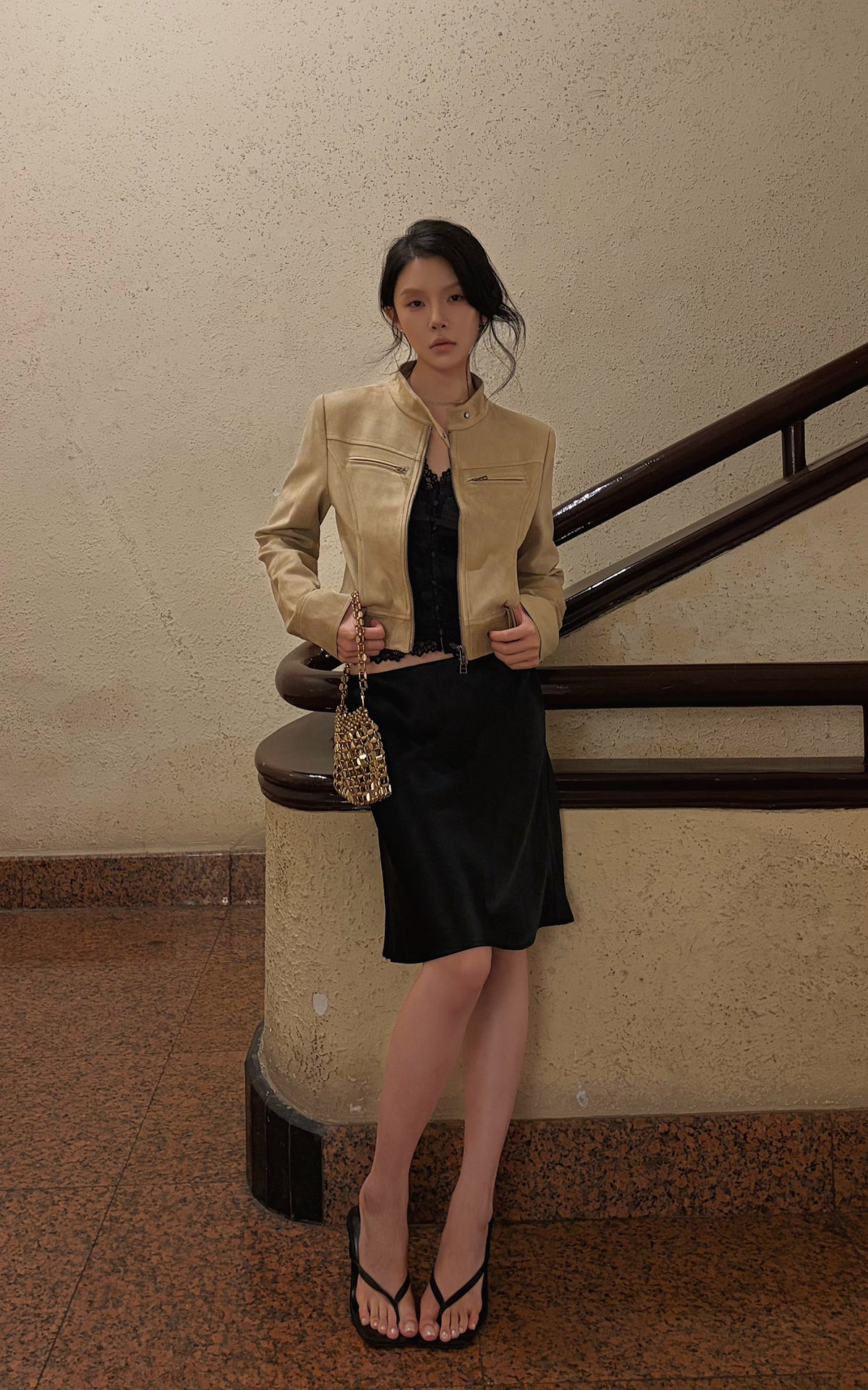 Hydrae Sand Suede Moto Cropped Jacket with Sculpted Paneling and Metal Zip Details