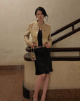 Hydrae Sand Suede Moto Cropped Jacket with Sculpted Paneling and Metal Zip Details