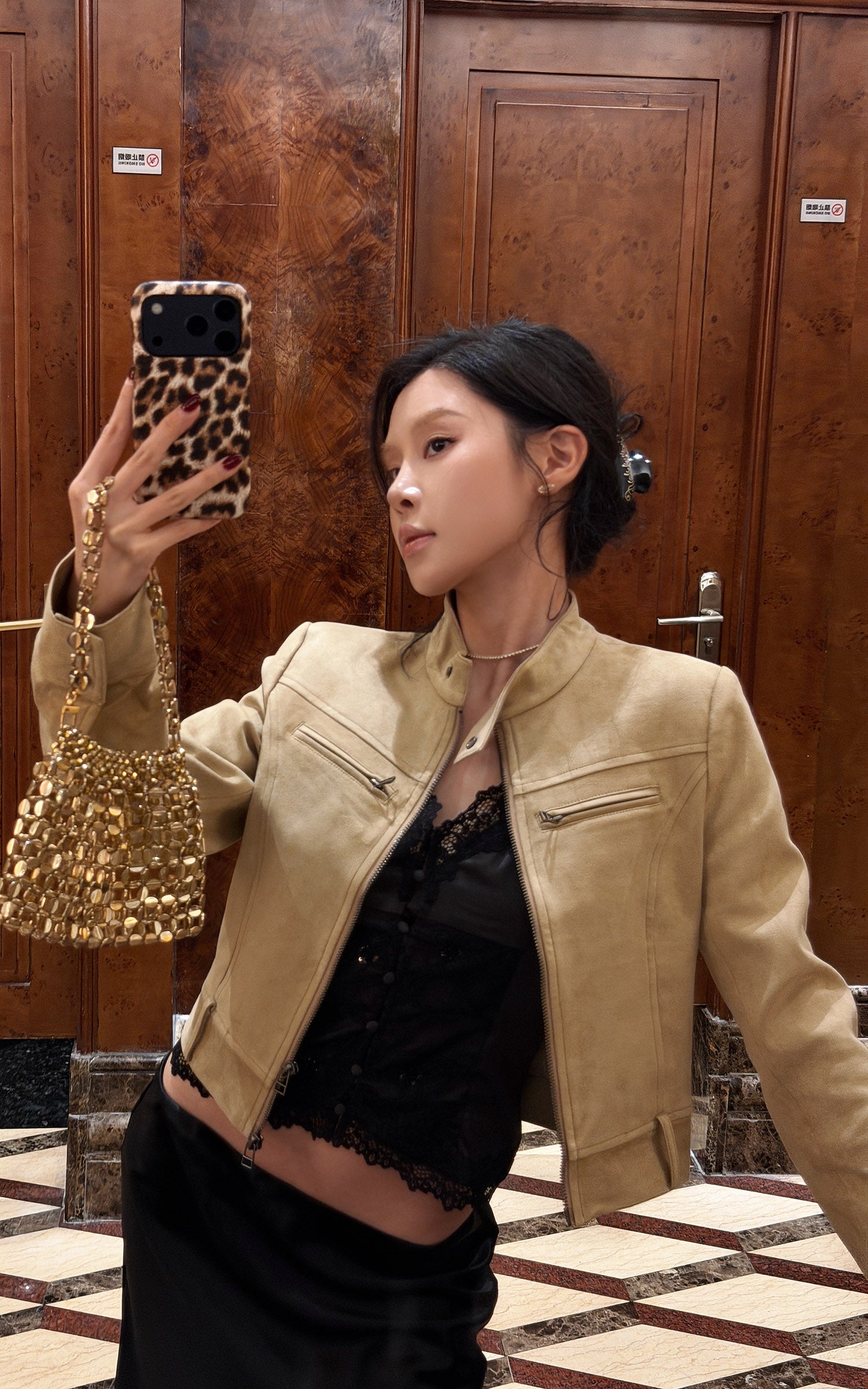 Hydrae Sand Suede Moto Cropped Jacket with Sculpted Paneling and Metal Zip Details
