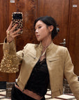 Hydrae Sand Suede Moto Cropped Jacket with Sculpted Paneling and Metal Zip Details