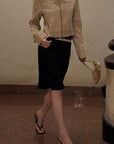 Hydrae Sand Suede Moto Cropped Jacket with Sculpted Paneling and Metal Zip Details