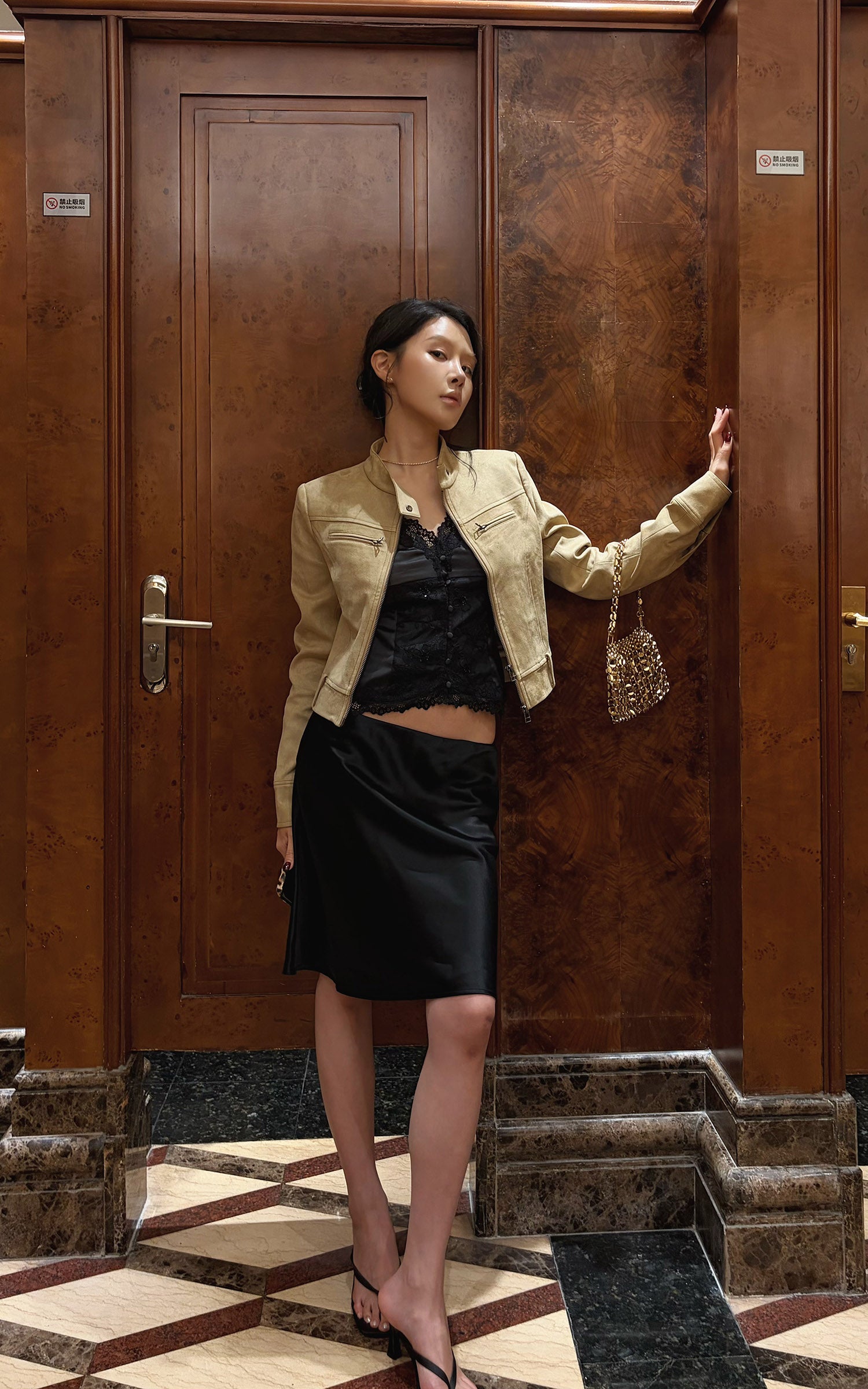 Hydrae Sand Suede Moto Cropped Jacket with Sculpted Paneling and Metal Zip Details