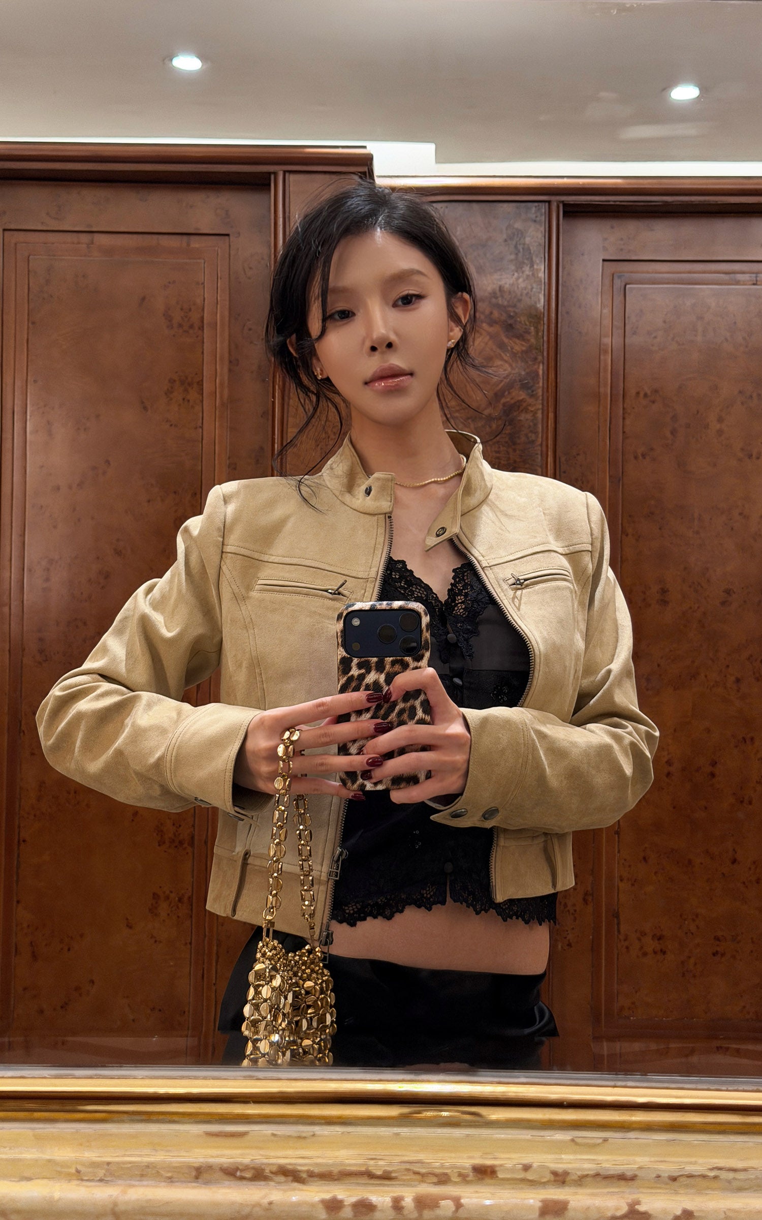 Hydrae Sand Suede Moto Cropped Jacket with Sculpted Paneling and Metal Zip Details
