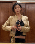Hydrae Sand Suede Moto Cropped Jacket with Sculpted Paneling and Metal Zip Details