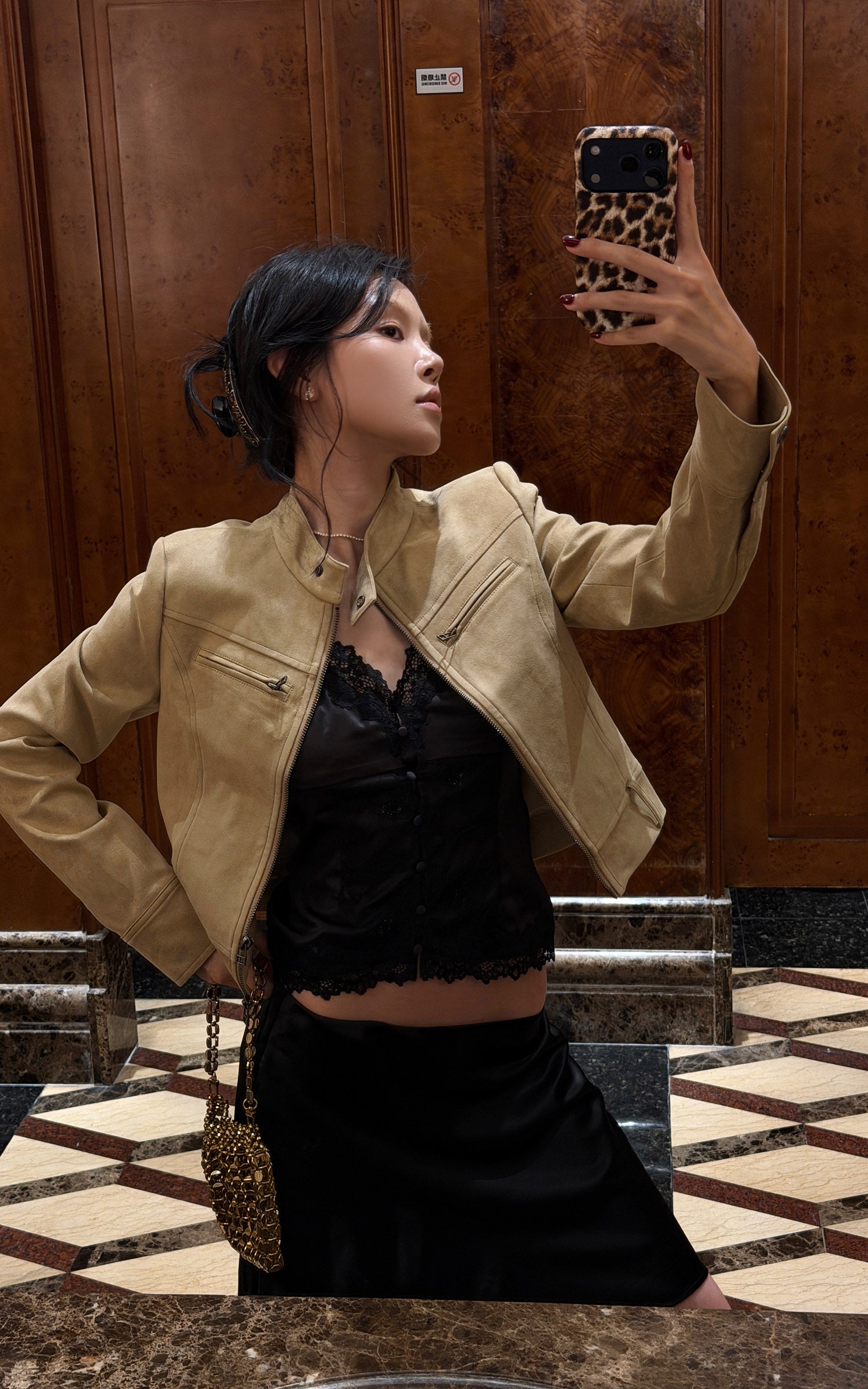Hydrae Sand Suede Moto Cropped Jacket with Sculpted Paneling and Metal Zip Details