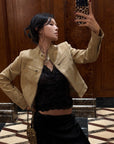 Hydrae Sand Suede Moto Cropped Jacket with Sculpted Paneling and Metal Zip Details