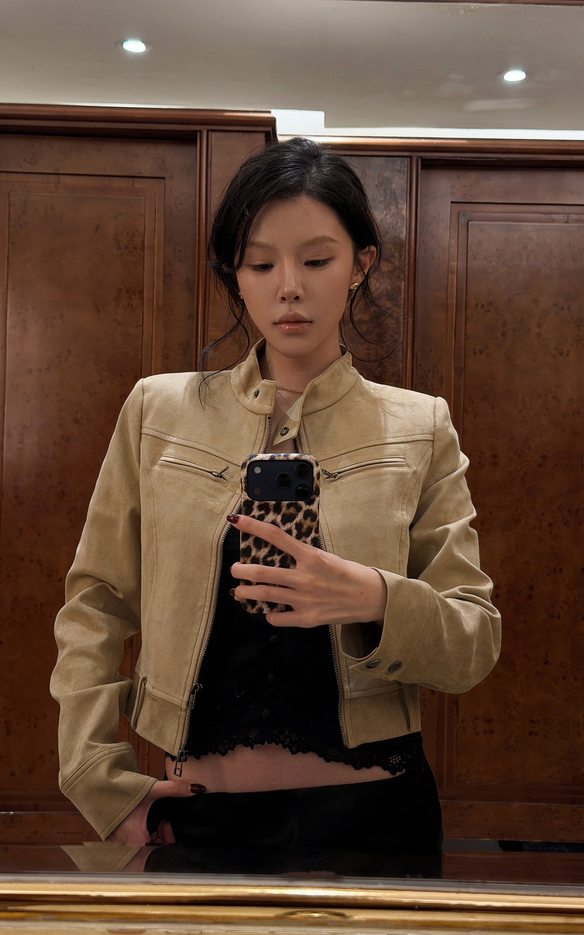 Hydrae Sand Suede Moto Cropped Jacket with Sculpted Paneling and Metal Zip Details
