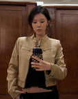 Hydrae Sand Suede Moto Cropped Jacket with Sculpted Paneling and Metal Zip Details