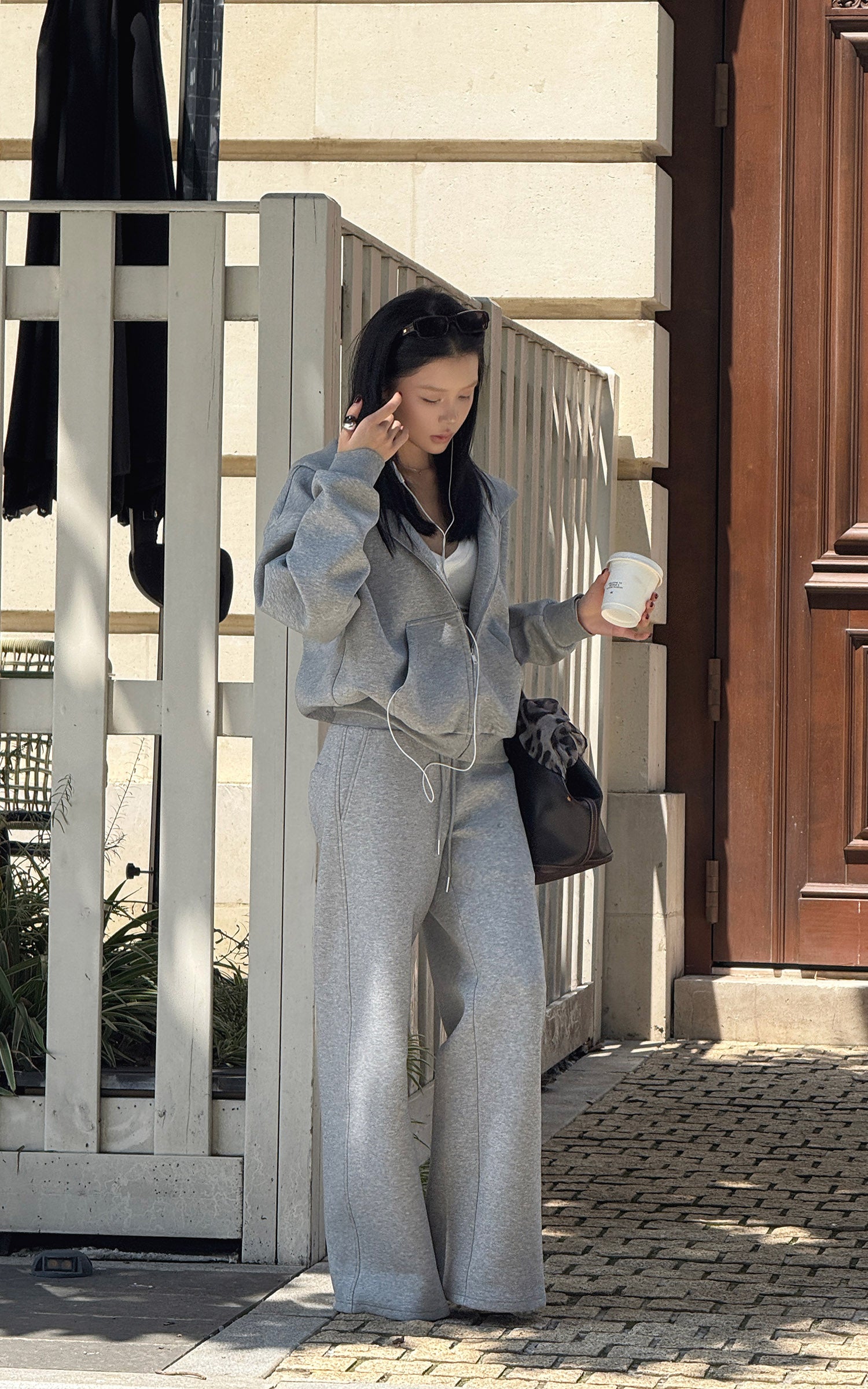 Hydrae Soft Grey Oversized Zip Hoodie &amp; Wide-Leg Drawstring Sweatpants Two-Piece Set