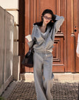 Hydrae Soft Grey Oversized Zip Hoodie & Wide-Leg Drawstring Sweatpants Two-Piece Set