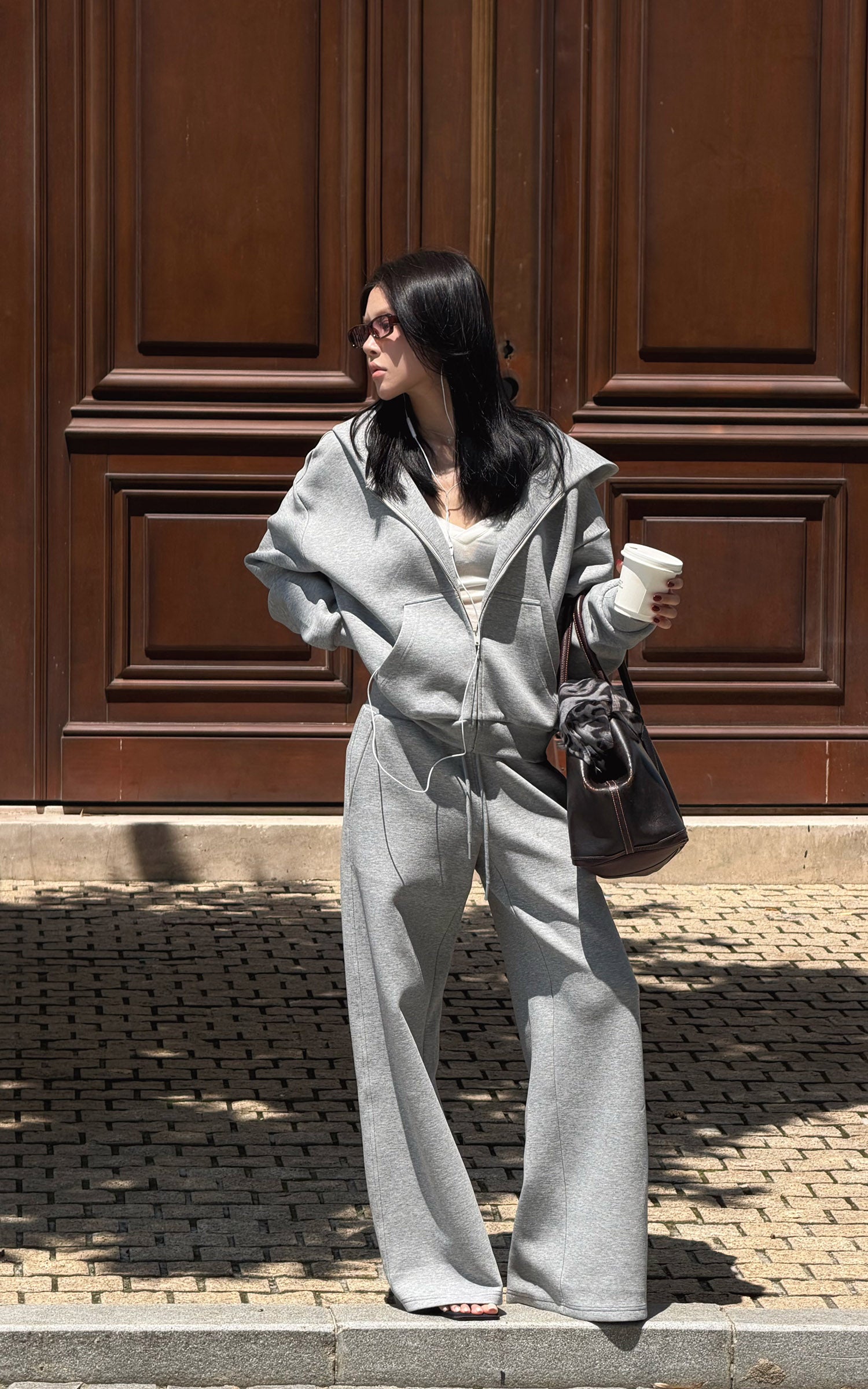 Hydrae Soft Grey Oversized Zip Hoodie &amp; Wide-Leg Drawstring Sweatpants Two-Piece Set