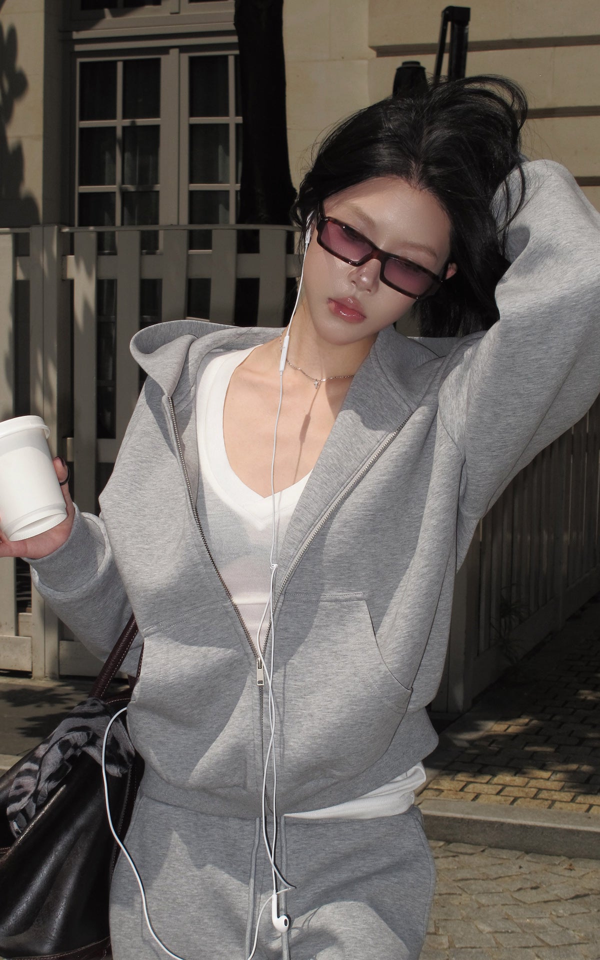 Hydrae Soft Grey Oversized Zip Hoodie &amp; Wide-Leg Drawstring Sweatpants Two-Piece Set
