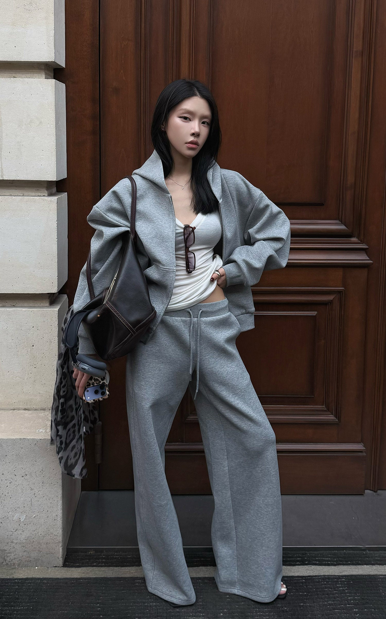 Hydrae Soft Grey Oversized Zip Hoodie &amp; Wide-Leg Drawstring Sweatpants Two-Piece Set
