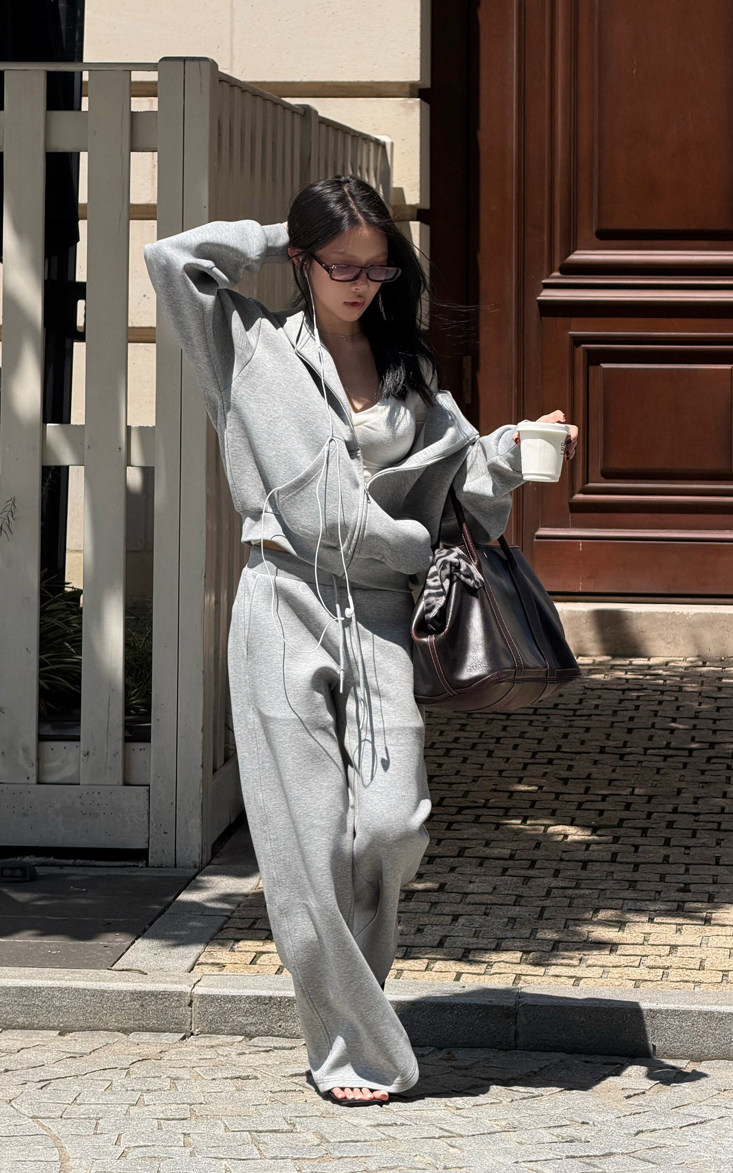 Hydrae Soft Grey Oversized Zip Hoodie &amp; Wide-Leg Drawstring Sweatpants Two-Piece Set