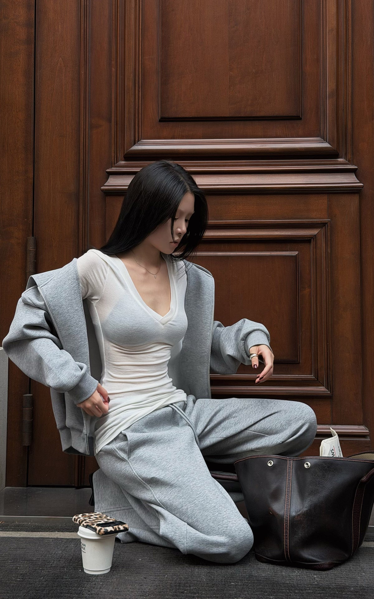 Hydrae Soft Grey Oversized Zip Hoodie &amp; Wide-Leg Drawstring Sweatpants Two-Piece Set