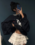 WARDEN EDGE Off Duty Graphic Sweatshirt & Lace Ruffle Mini Skirt Set