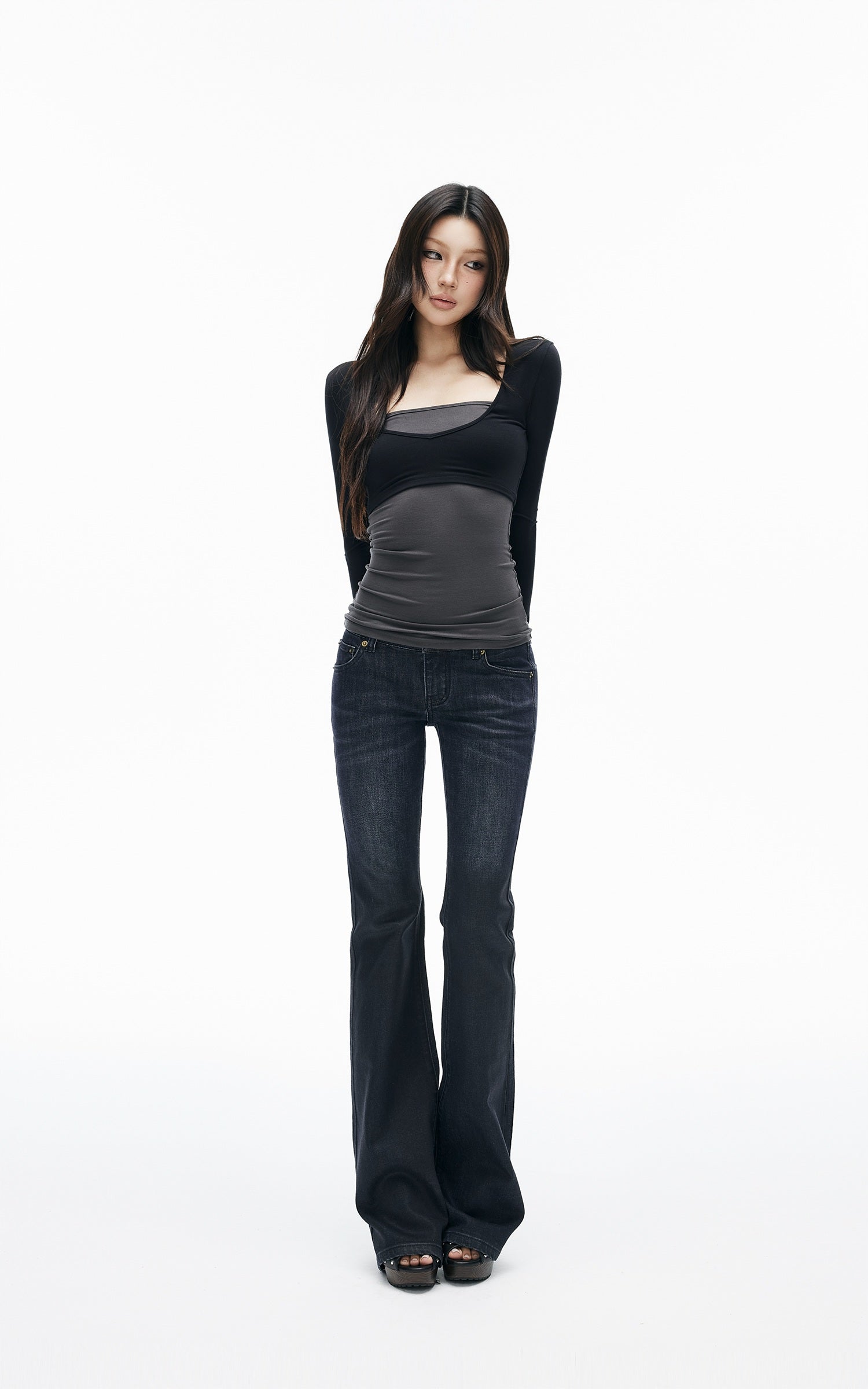 IAMXIAA Contrast Mesh Cutout Long Sleeve Top