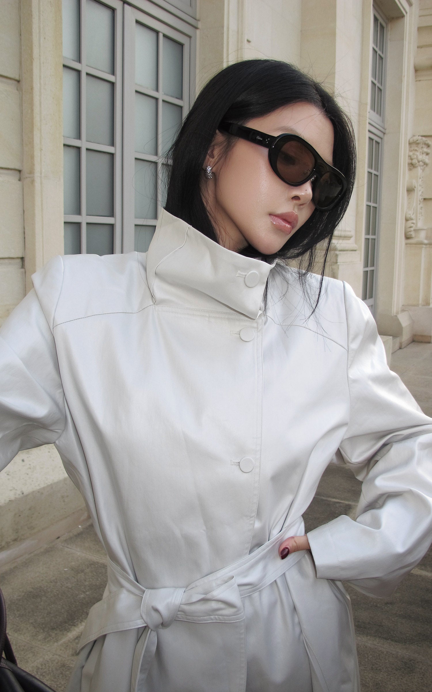 Hydrae Ivory High-Neck Belted Longline Trench Coat with Sculpted Raglan Seams