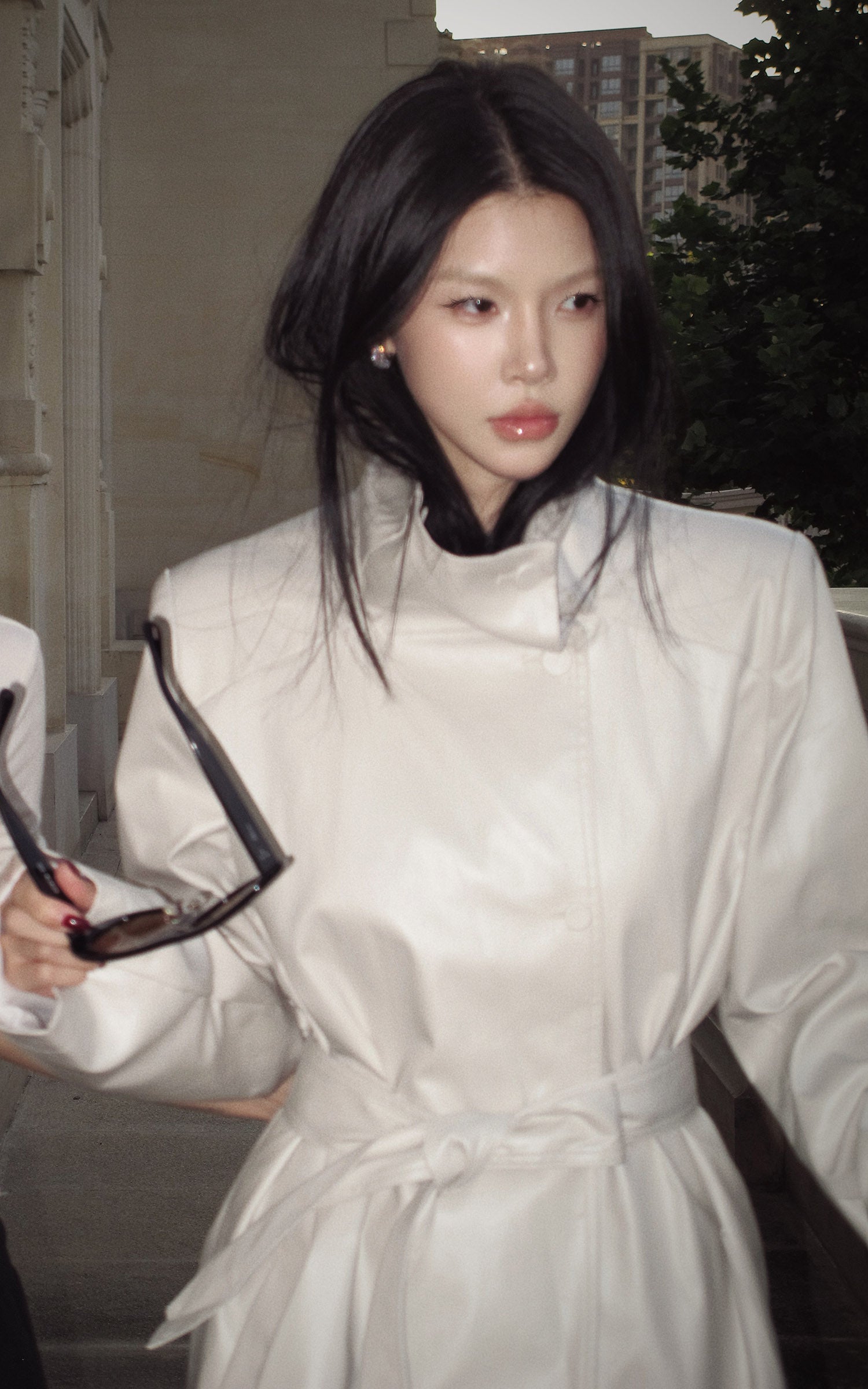 Hydrae Ivory High-Neck Belted Longline Trench Coat with Sculpted Raglan Seams