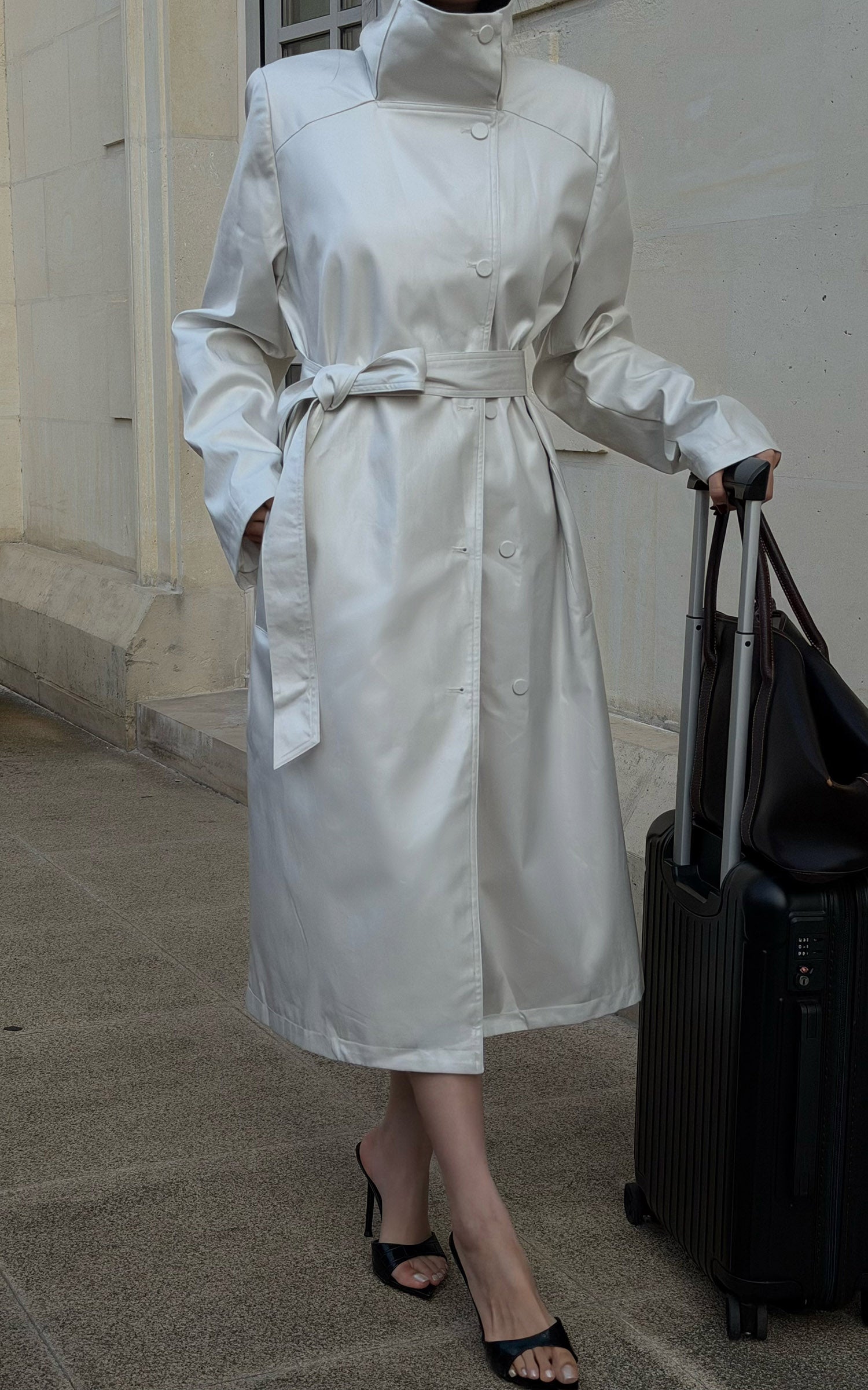 Hydrae Ivory High-Neck Belted Longline Trench Coat with Sculpted Raglan Seams