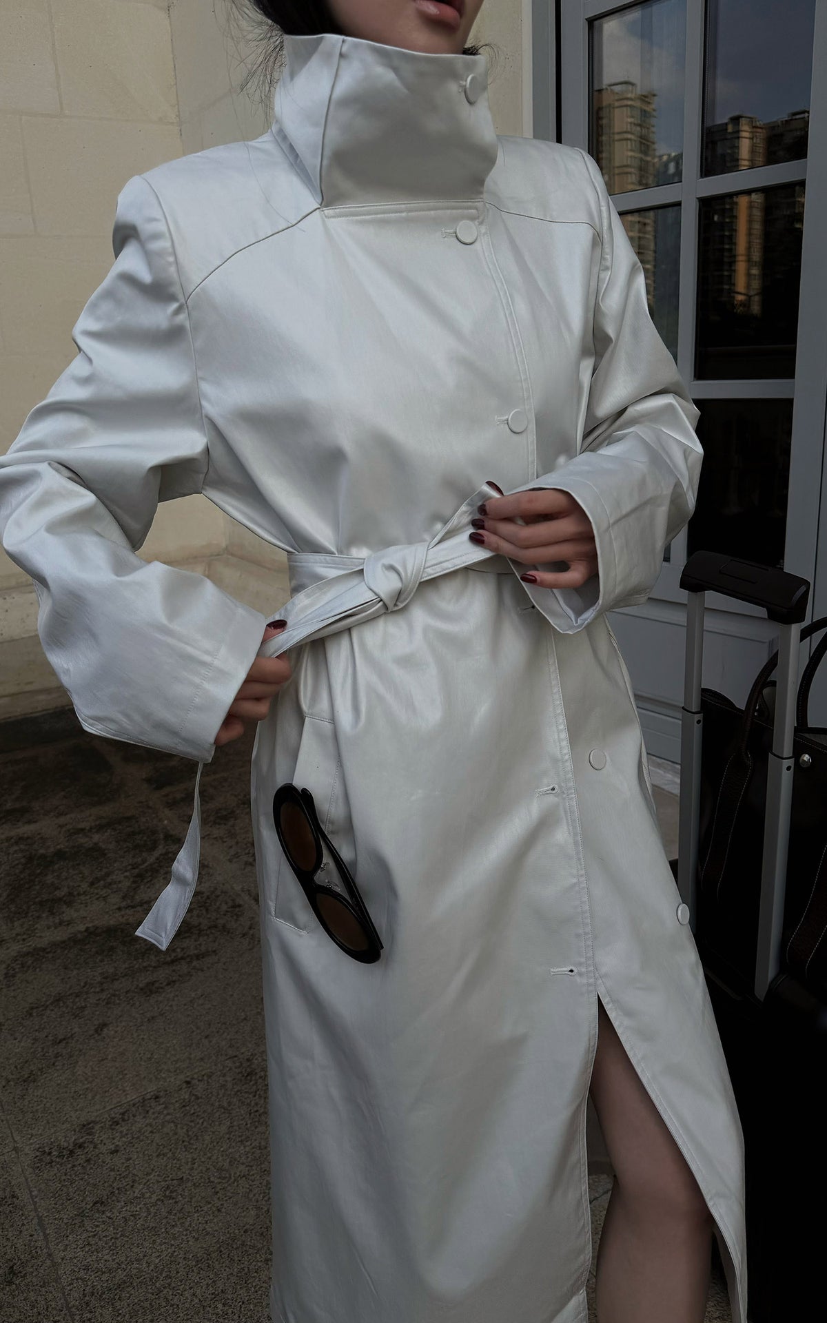 Hydrae Ivory High-Neck Belted Longline Trench Coat with Sculpted Raglan Seams