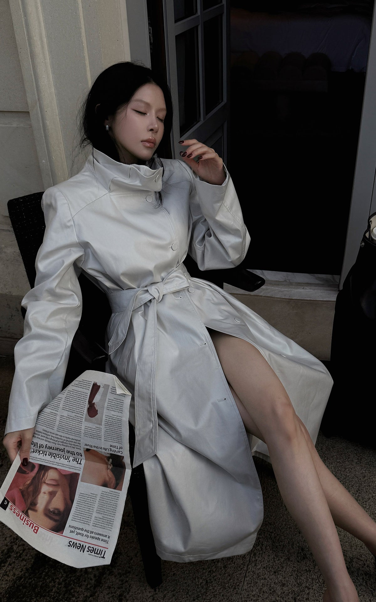 Hydrae Ivory High-Neck Belted Longline Trench Coat with Sculpted Raglan Seams