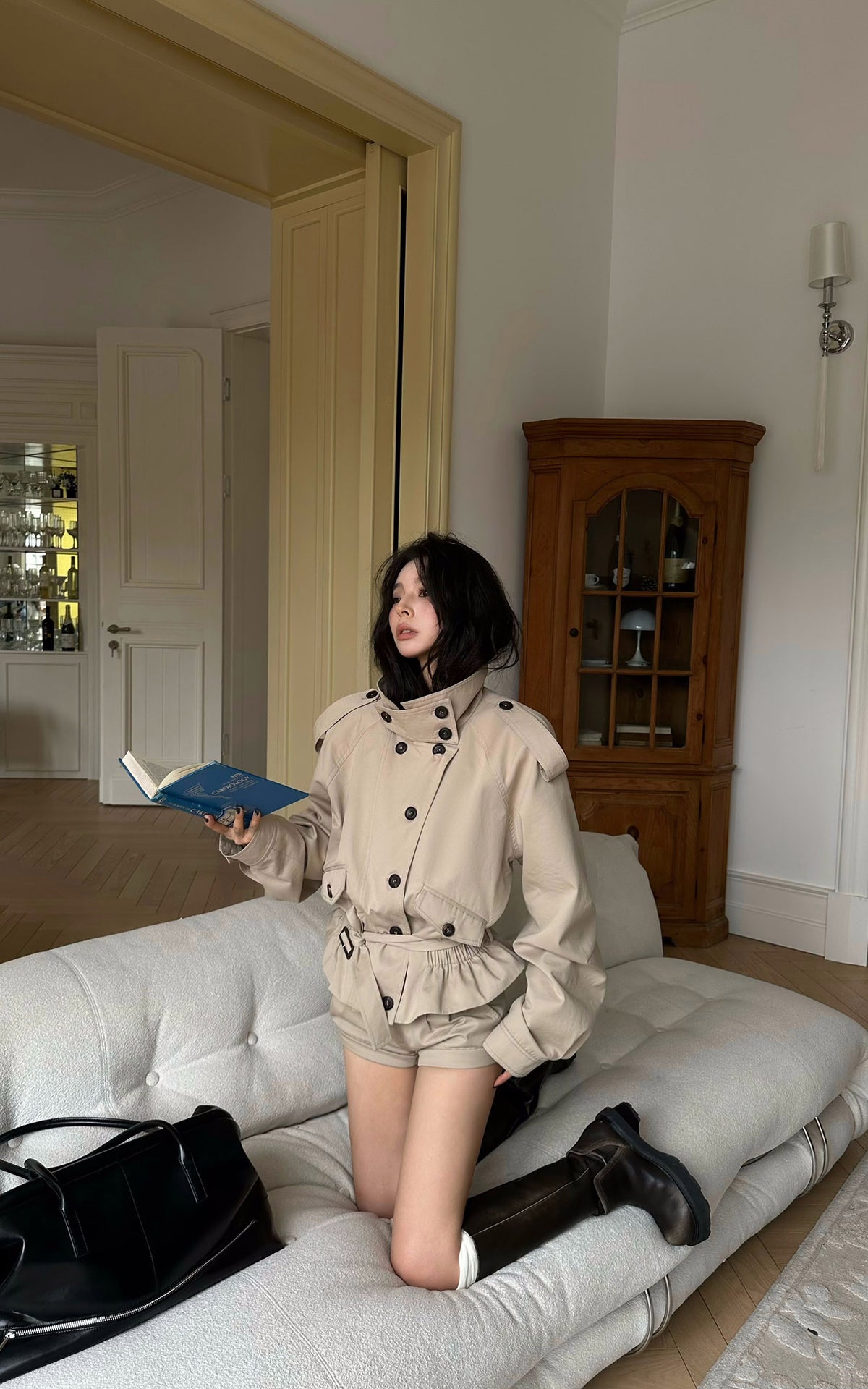 WARDEN EDGE Belted Peplum Cropped Trench Jacket