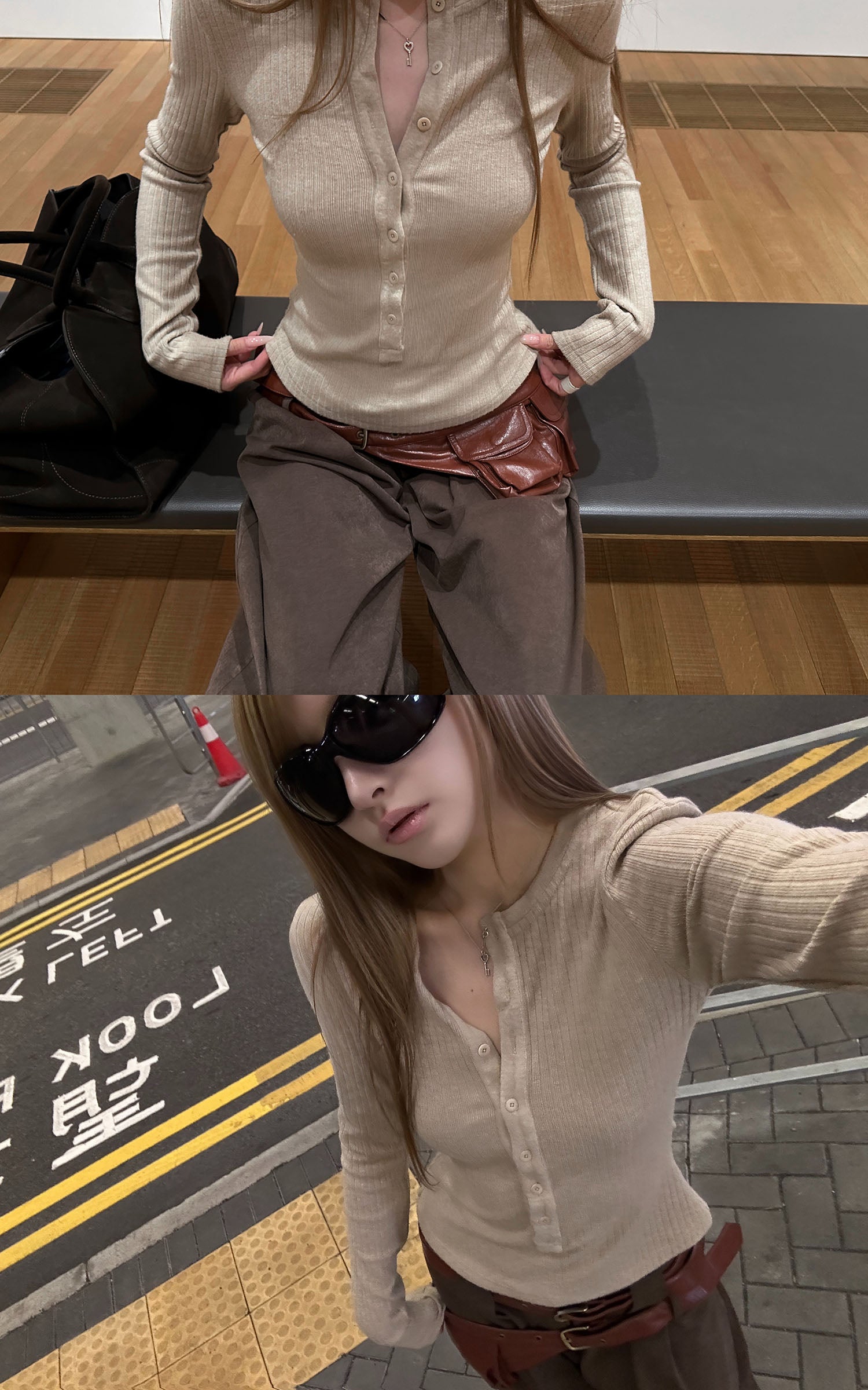 Rase le sol Second-Skin Ribbed Button Long Sleeve Top