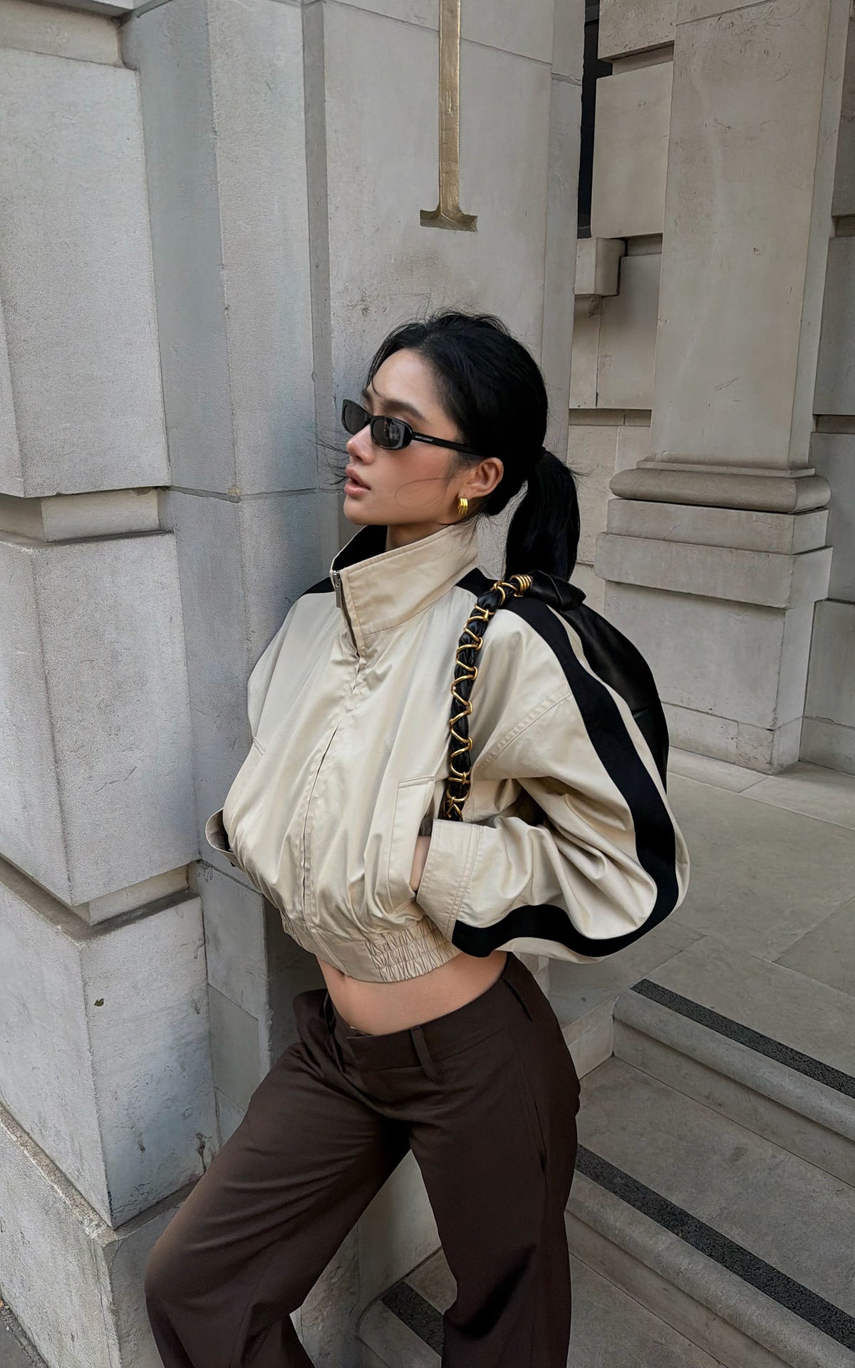 ROVENTE Contrast Stripe Cropped Track Jacket